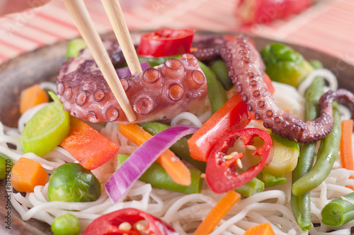 Chinese mix vegetables with pasta and octopus.