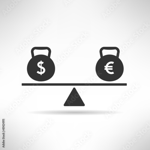 Euro and dollar equal on scales. Market balance and european