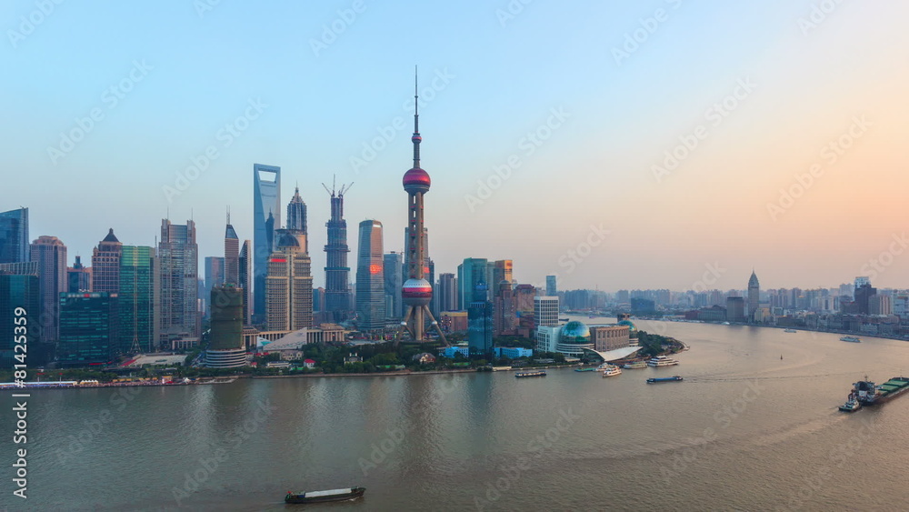 Zooming In Of China Shanghai Huangpu River, Day To Night. Zooming In Of China Shanghai Huangpu River, Day To Night.