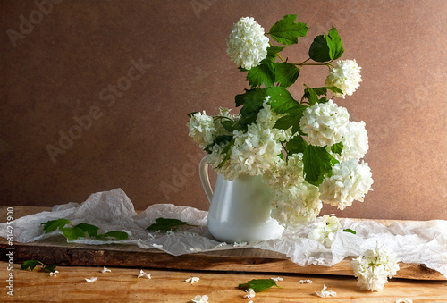 Still Life bouquet white viburnum twigs flowers