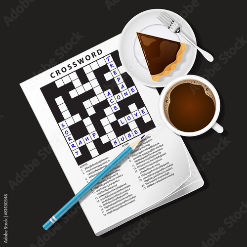 illustration of crossword game, mug of coffee and pie