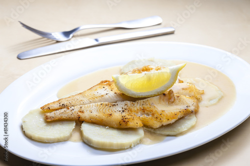 fried halibut with sweet potatoes and lemon sauce