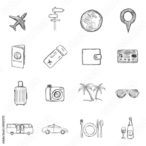 Vector Set of  Sketch Travel and Vacation Icons