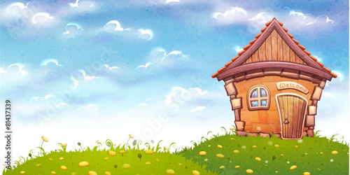 Vector illustration of cartoon home on meadow