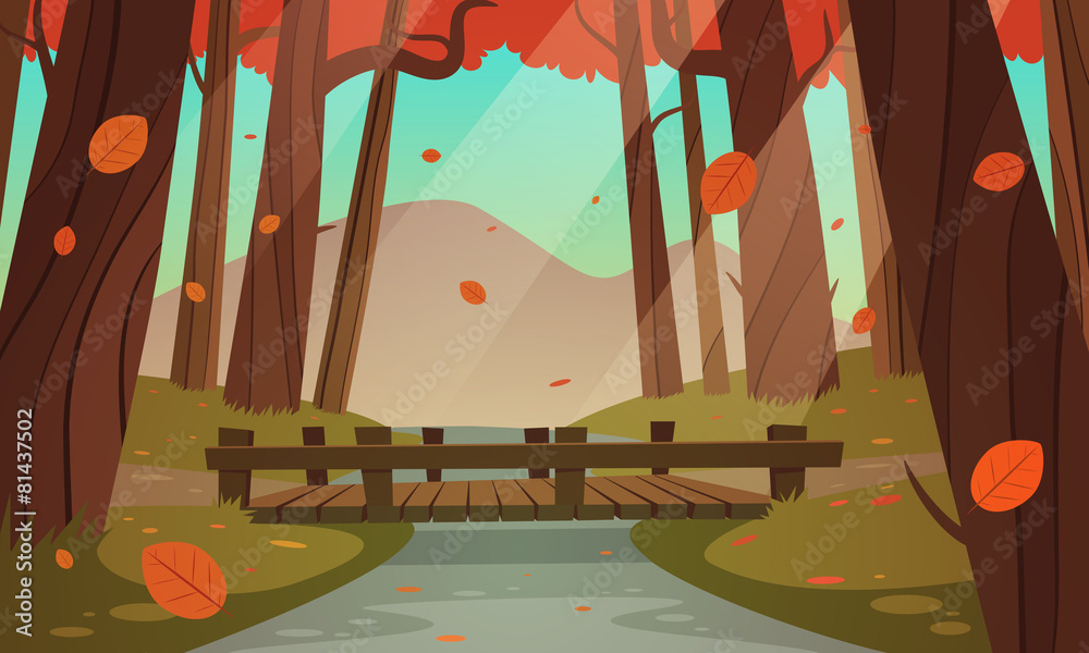 Small wooden bridge in the woods, autumn landscape. - obrazy, fototapety, plakaty 