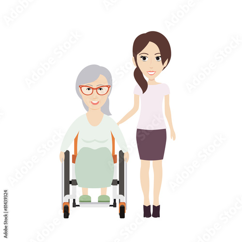 Young Woman Helps Her Disabled Grandma on a Wheelchair