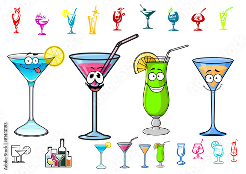 Happy cartoon cocktails with straws characters