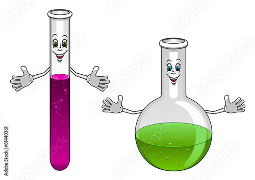 Cartoon laboratory test tube and flask characters
