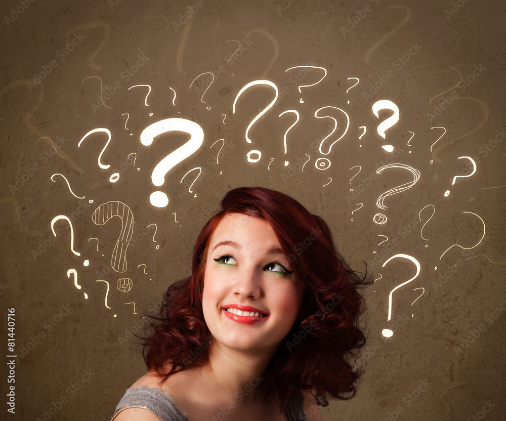 girl with question mark symbols around her head girl with question mark symbols around her head