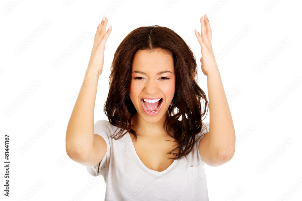Angry woman with hands up. Angry woman with hands up.