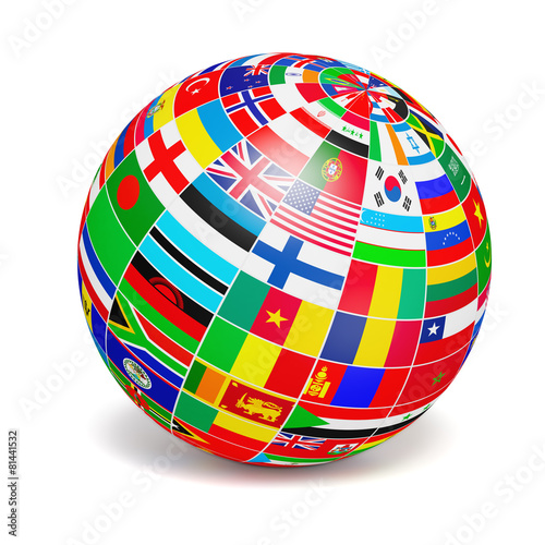 D globe sphere with flags of the world on white