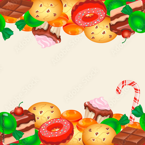 Seamless pattern colorful sticker candy, sweets and cakes.