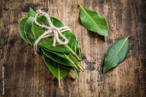 bundle of fresh bay leaves on a wooden background