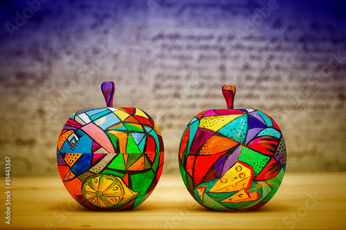 Two decorative apple, made of wood and painted by hand paints