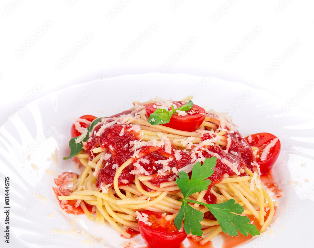 Spaghetti with tomato basil and cheese.