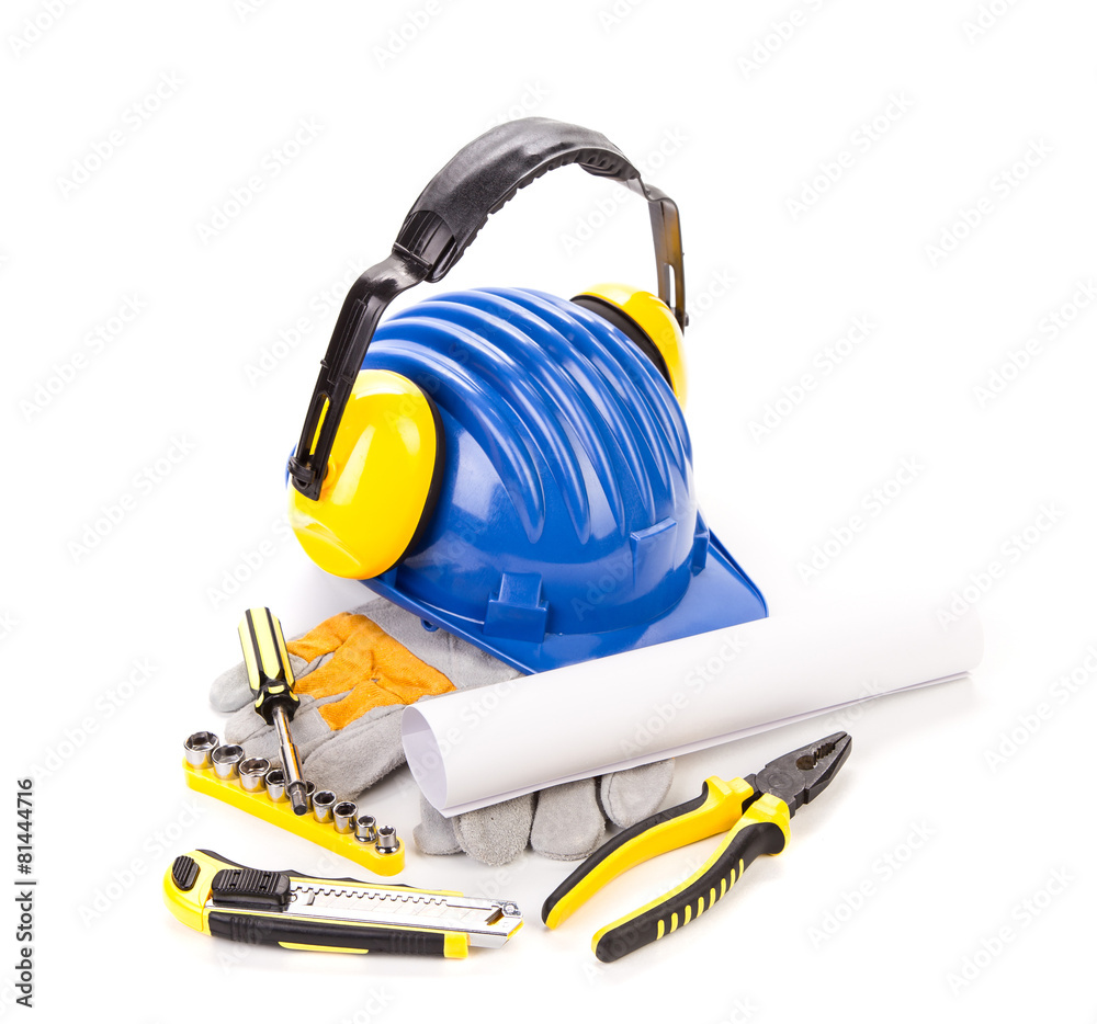 Hard hat with tools for architects. Hard hat with tools for architects.