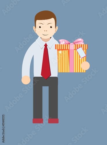 Young man holding a gift, vector illustration