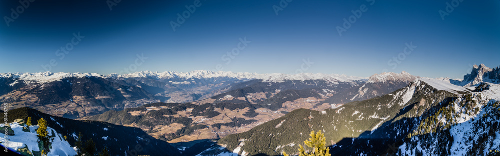 panorama of the Dolomites with snow-capped peaks and conifers panorama of the Dolomites with snow-capped peaks and conifers