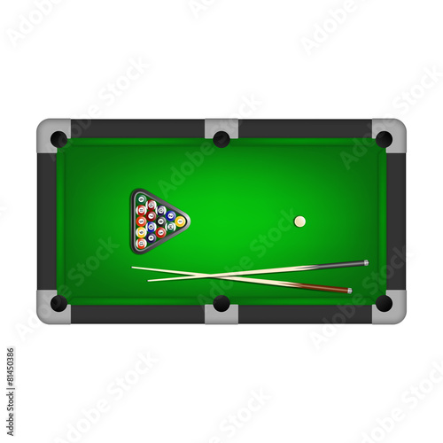 Billiards balls, triangle and two cues on a pool table.