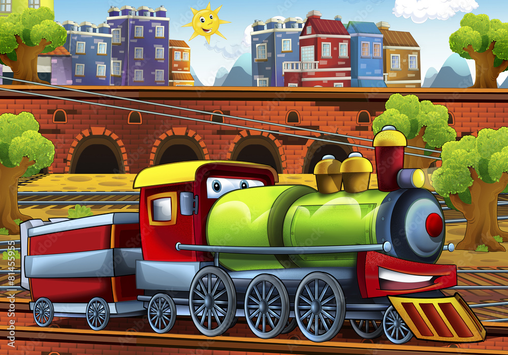 Cartoon steam train - train station - illustration Stock Illustration |  Adobe Stock