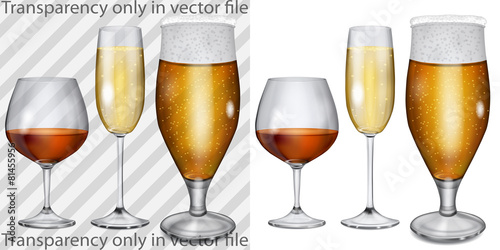 Transparent, opaque glass goblets with cognac, champagne, beer