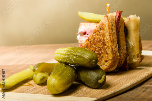 Reuben sandwich with dill pickles