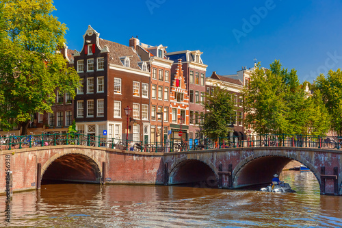 City view of Amsterdam canal, bridge and typical houses, Holland