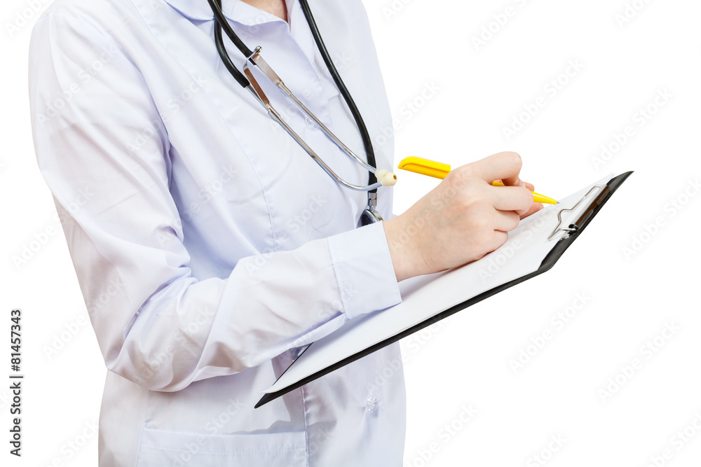 medic writes in clipboard isolated on white medic writes in clipboard isolated on white