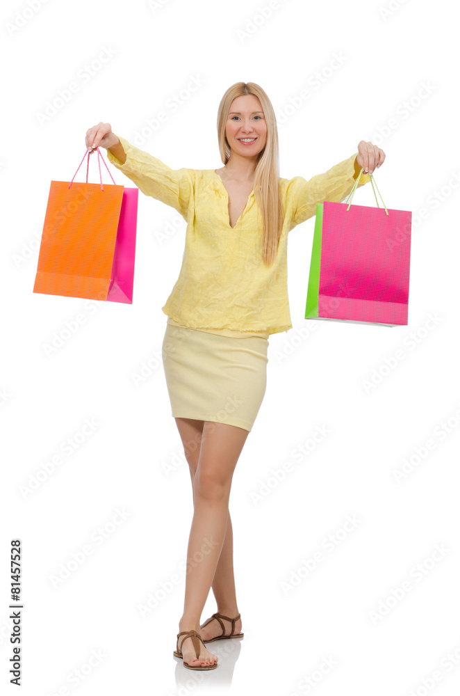 Pretty young woman in summer yellow clothing isolated on white Pretty young woman in summer yellow clothing isolated on white