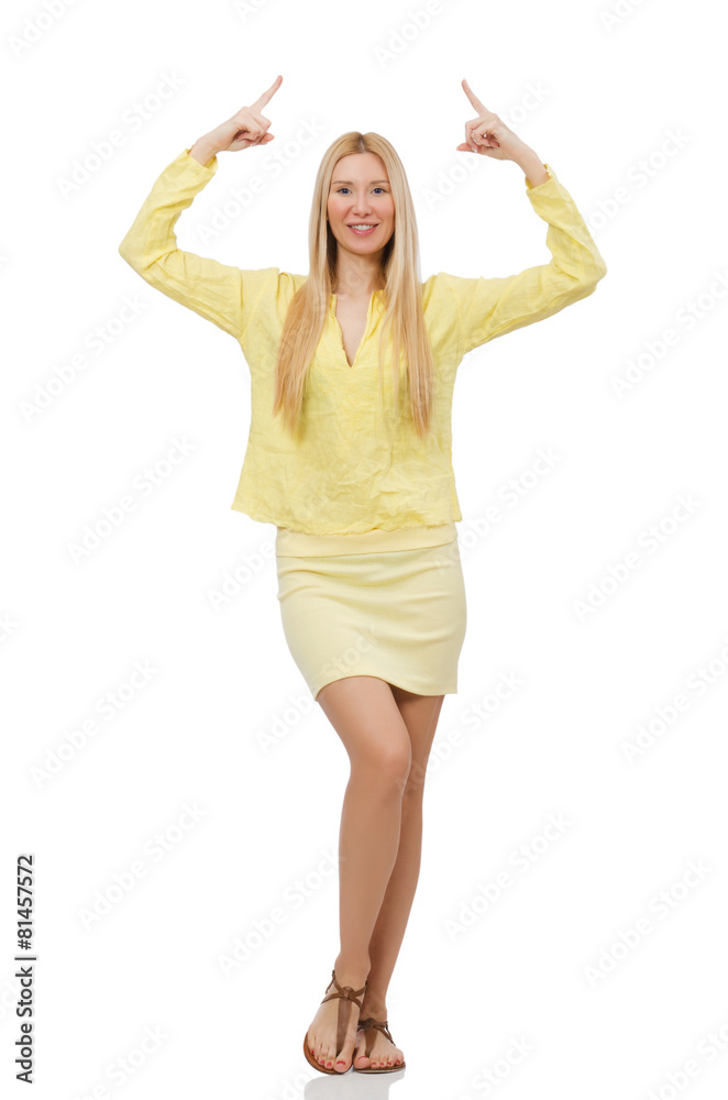 Pretty young woman in summer yellow clothing isolated on white Pretty young woman in summer yellow clothing isolated on white