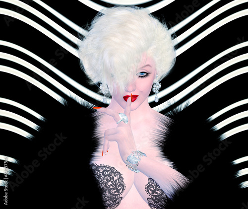 Blonde bombshell on a black and white wavy background.