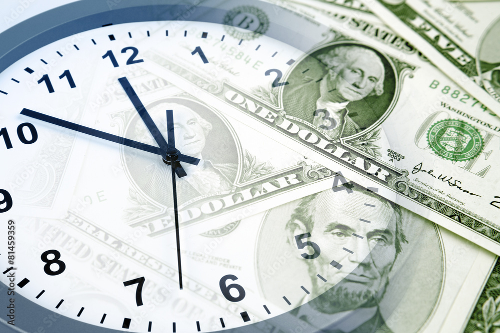 Clock and American cash. Time is money Clock and American cash. Time is money