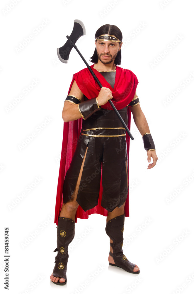 Gladiator holding ax isolated on white