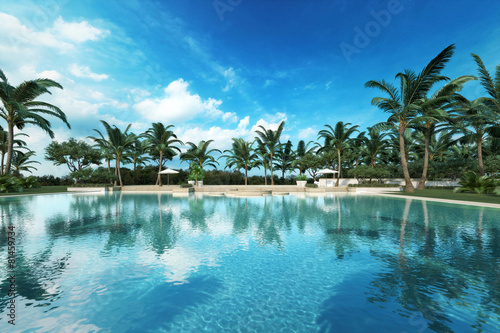 Fototapeta Naklejka Na Ścianę i Meble -  Resort style Large swimming pool in a tropical setting