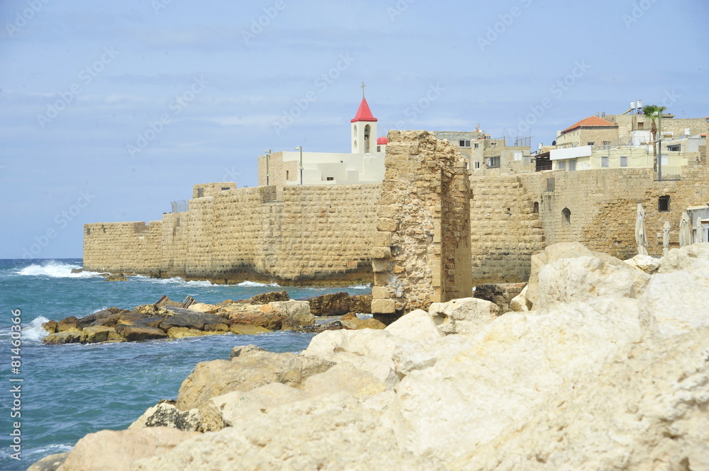 The walls of the old Acre port fortress and St. John Church