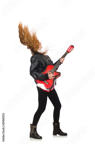 Pretty girl with guitar isolated on white