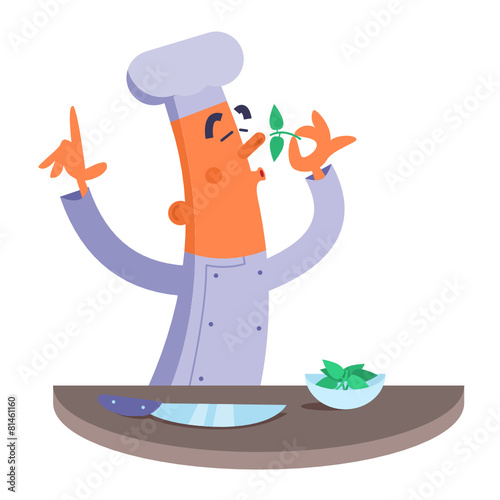 Cartoon chef smelling the fresh herbs