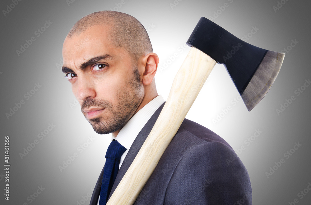 Funny businessman with axe on white Funny businessman with axe on white