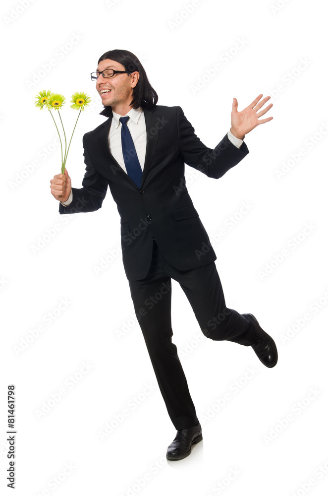 Handsome businessman with flower isolated on white Handsome businessman with flower isolated on white
