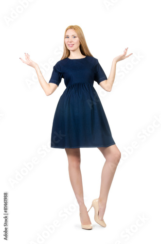 Beautiful pregnant woman in blue dress isolated on white