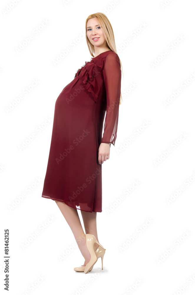 Pretty pregnant woman in red dress isolated on white Pretty pregnant woman in red dress isolated on white