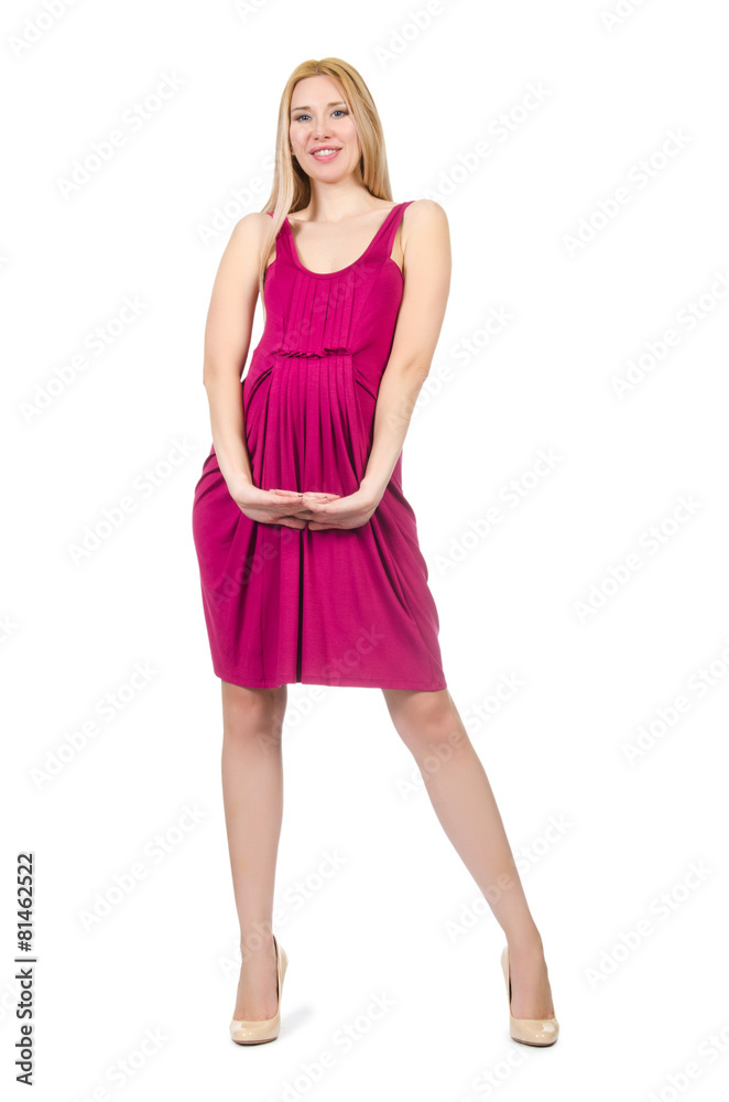 Pretty pregnant woman in pink dress isolated on white