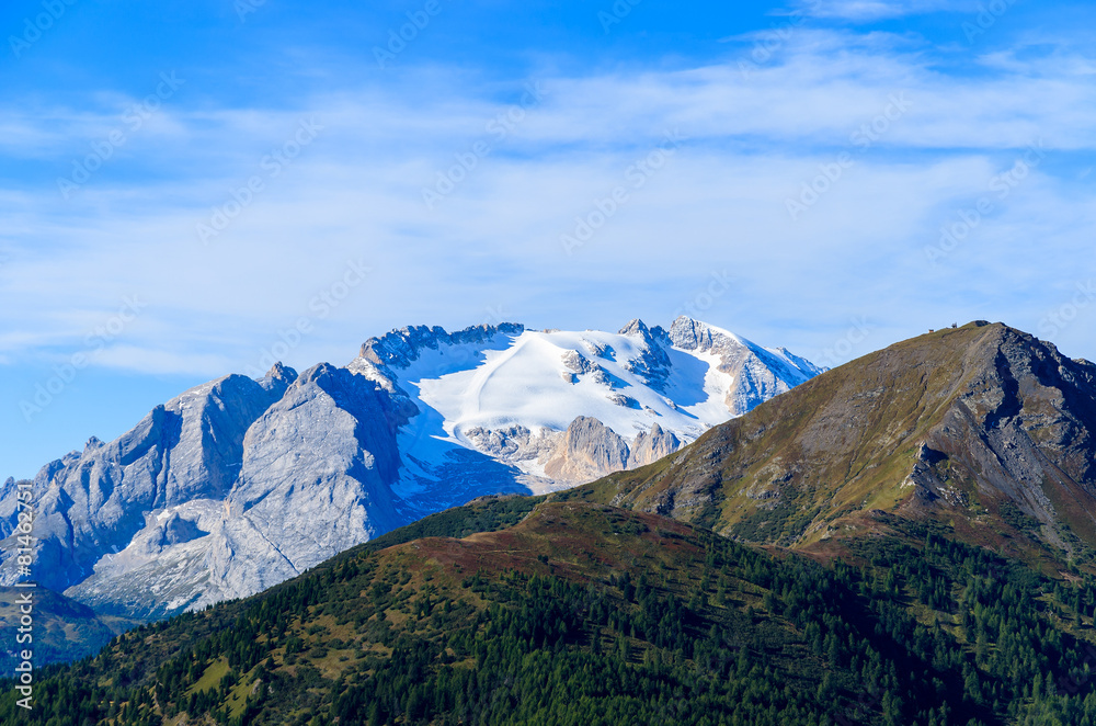 View of Marmolada glacier in Dolomites Mountains, Italy