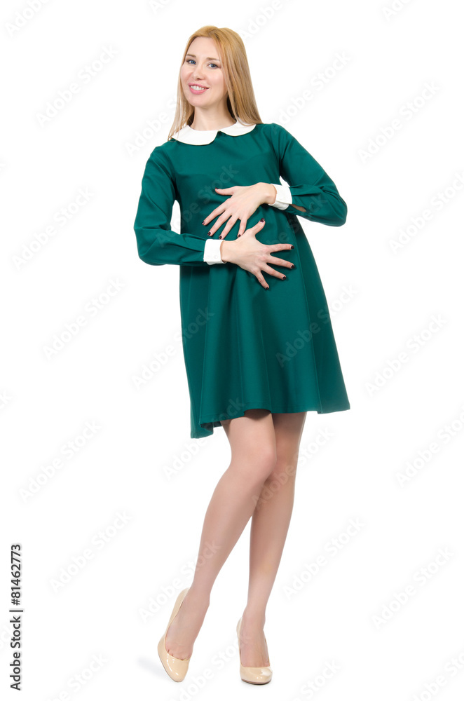 Beautiful pregnant woman in green dress isolated on white Beautiful pregnant woman in green dress isolated on white