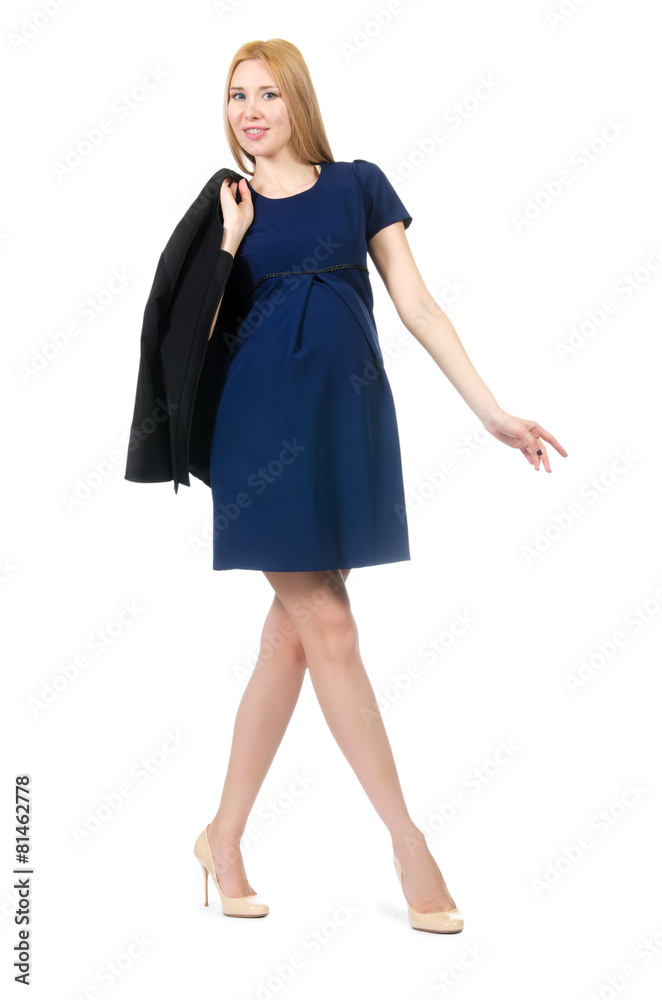 Beautiful pregnant woman in blue dress isolated on white Beautiful pregnant woman in blue dress isolated on white