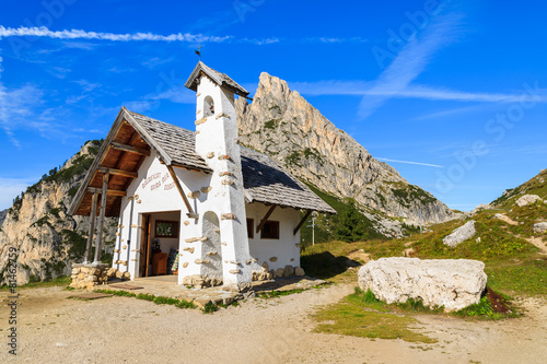 Church on Passo Falzarego in Dolomites Mountains, Italy photo