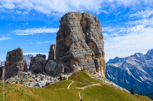 View of Cinque Torri rock formation in Dolomites Mountains