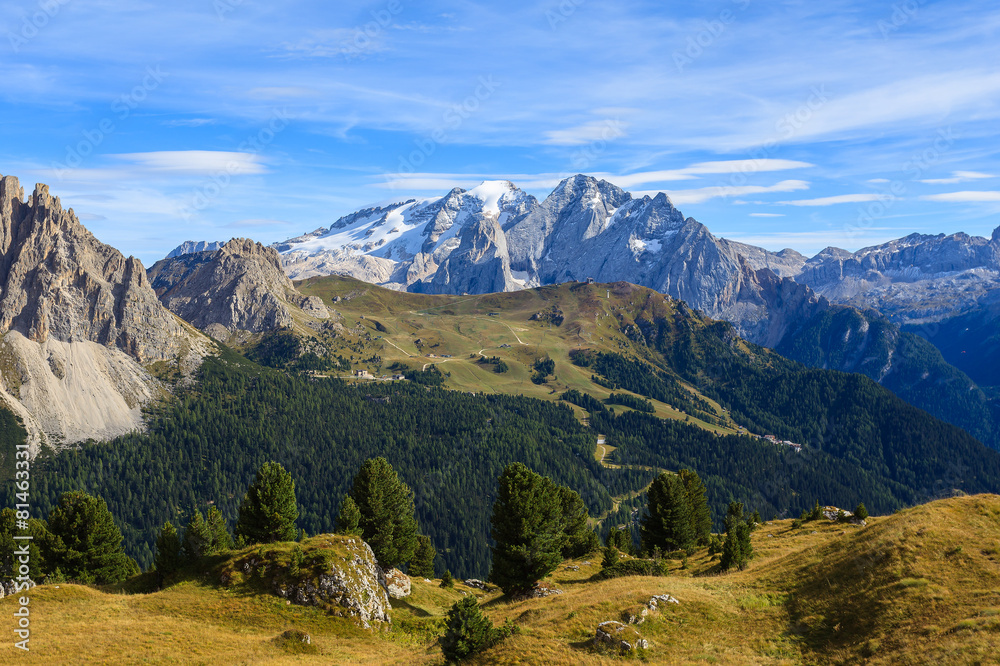 View of Passo Sassolungo in Dolomites Mountains in autumn, Italy