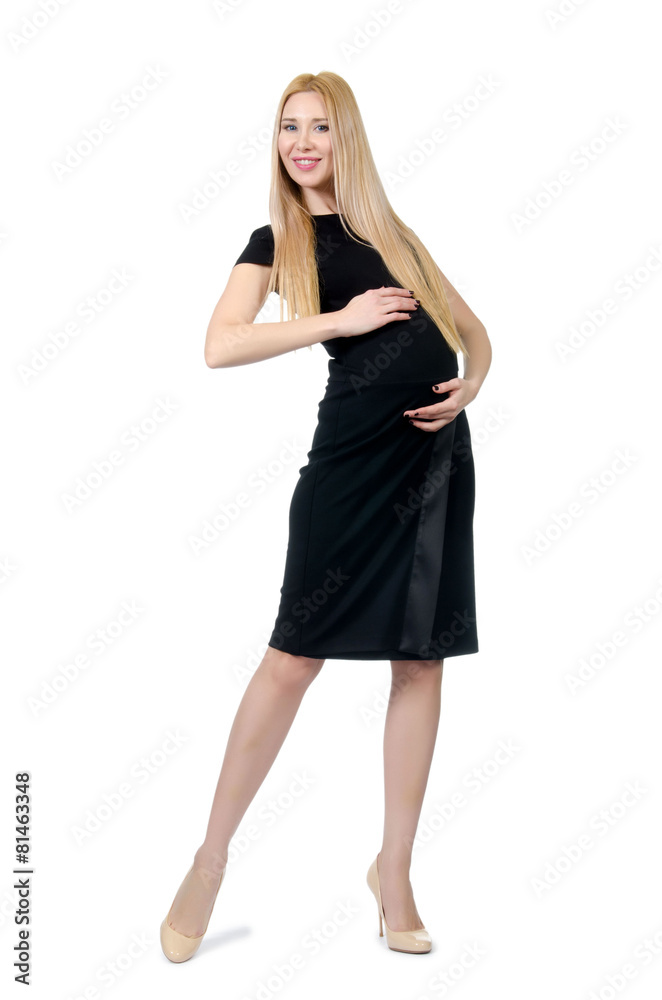 Pretty pregnant woman in black dress isolated on white Pretty pregnant woman in black dress isolated on white