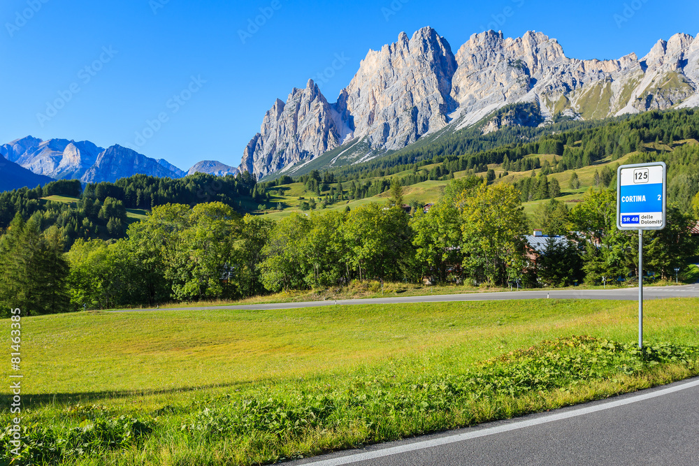 Scenic road to Cortina d'Ampezzo in Dolomites Mountains, Italy